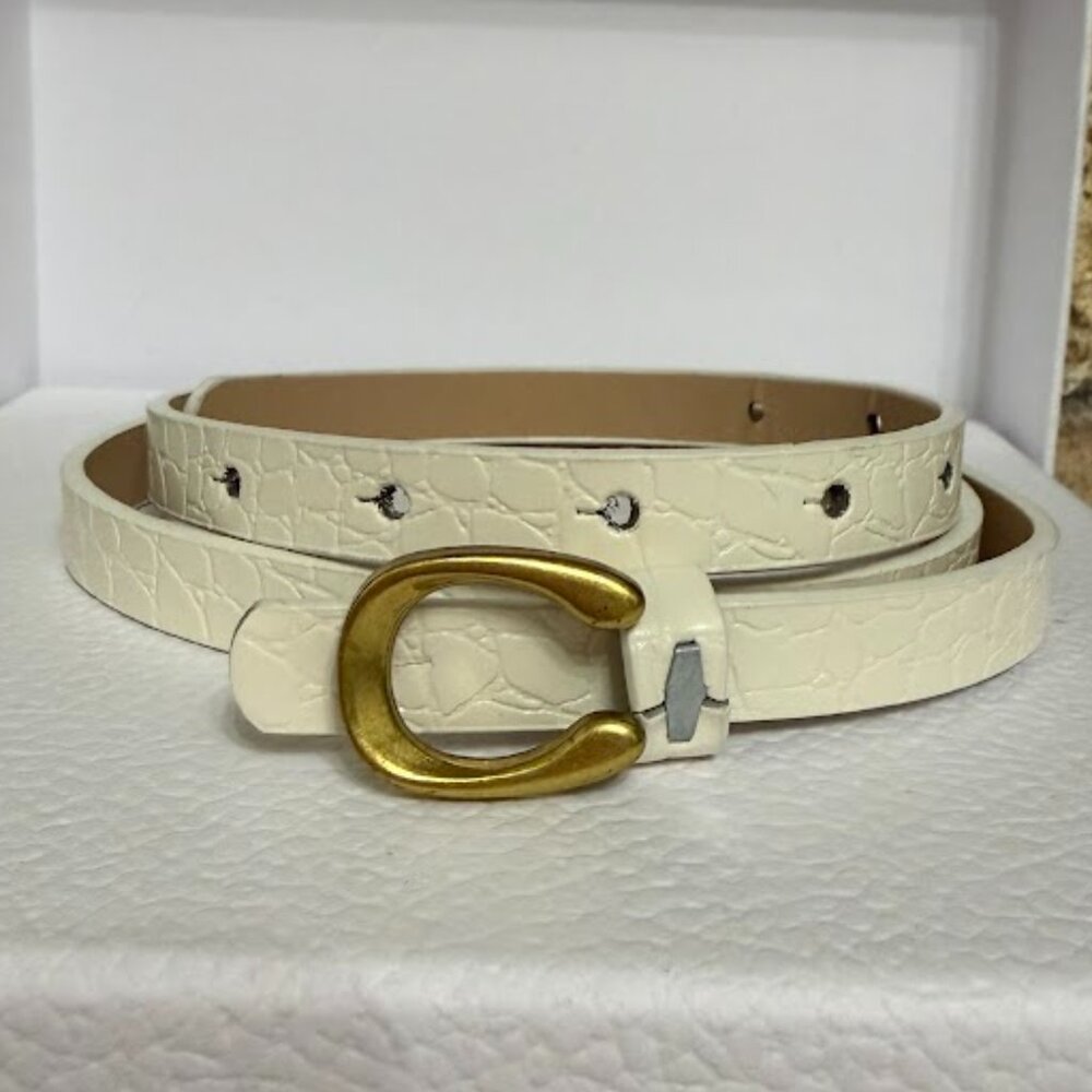 White Embossed Skinny Belt With Gold Buckle